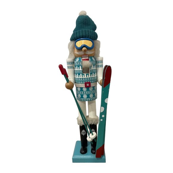 Skiing Nutcracker Figurine 15" Tall With Skis & Poles Fair Isle Sweater Pom Bean - Picture 1 of 9
